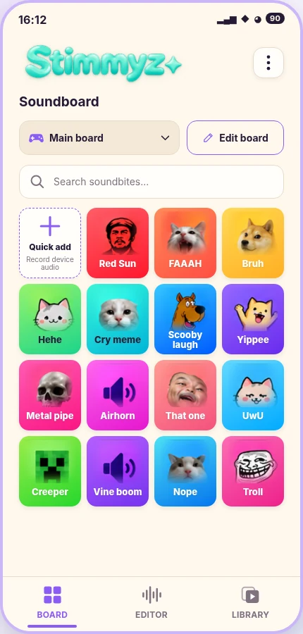 Stimmyz soundboard with a colorful grid of individual sound pads